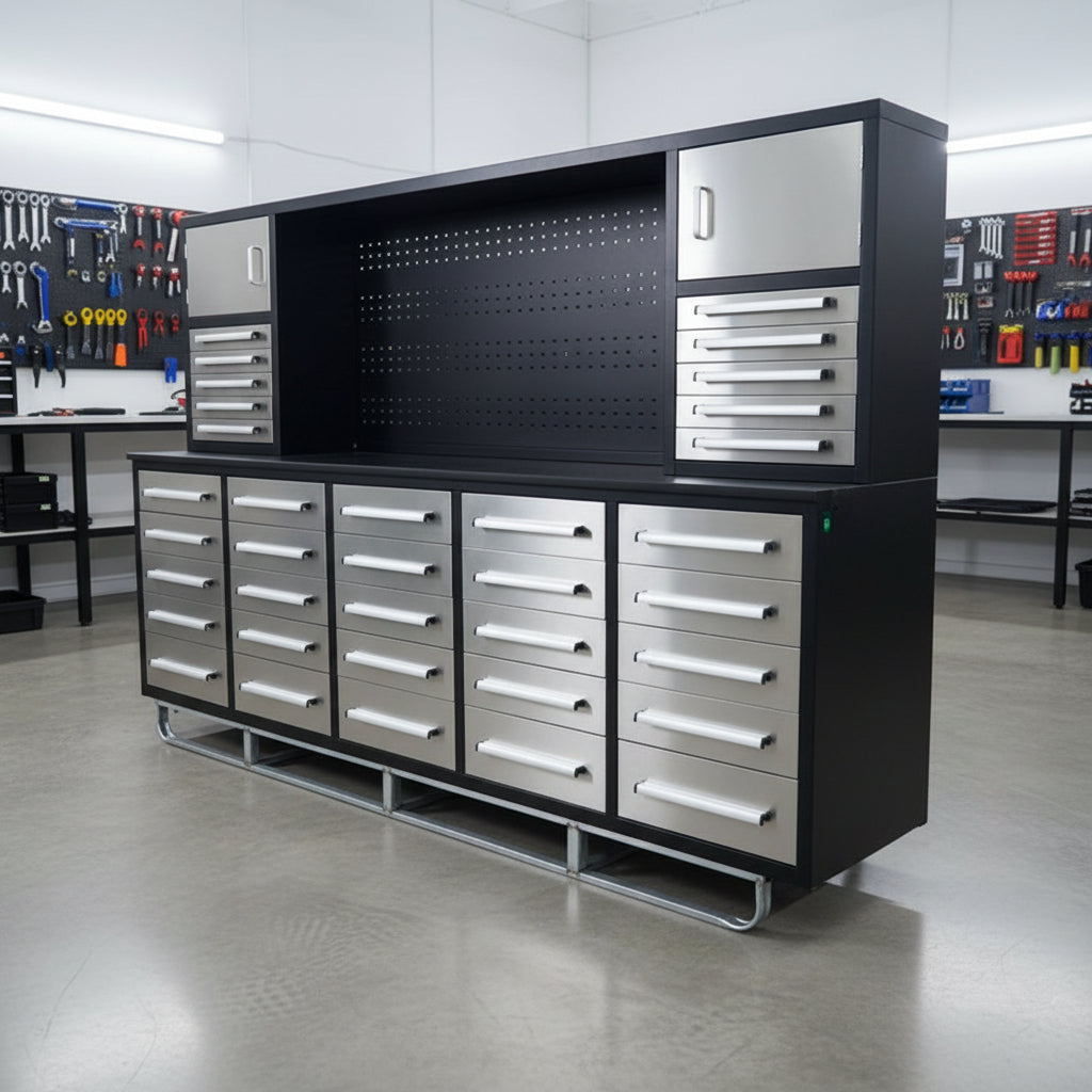 10 FT Heavy - Duty Modular Tool Bench & Cabinet System with 30–40 Lockable Drawers Workbench - with Stainless Steel 30 Drawer | Sold by Uncle Wiener's Wholesale