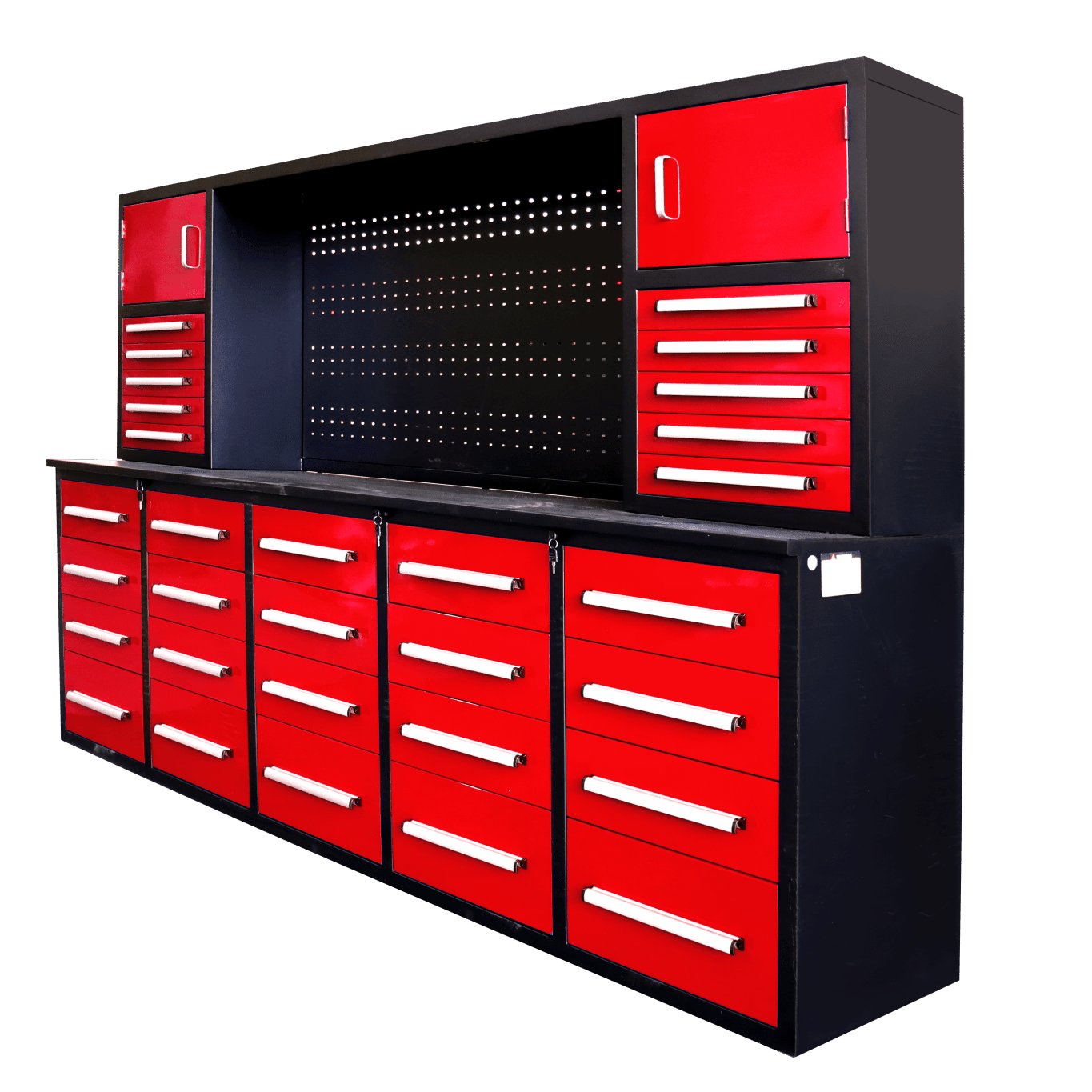 10 FT Heavy - Duty Modular Tool Bench & Cabinet System with 30–40 Lockable Drawers Workbench - with Red 30 Drawer | Sold by Uncle Wiener's Wholesale