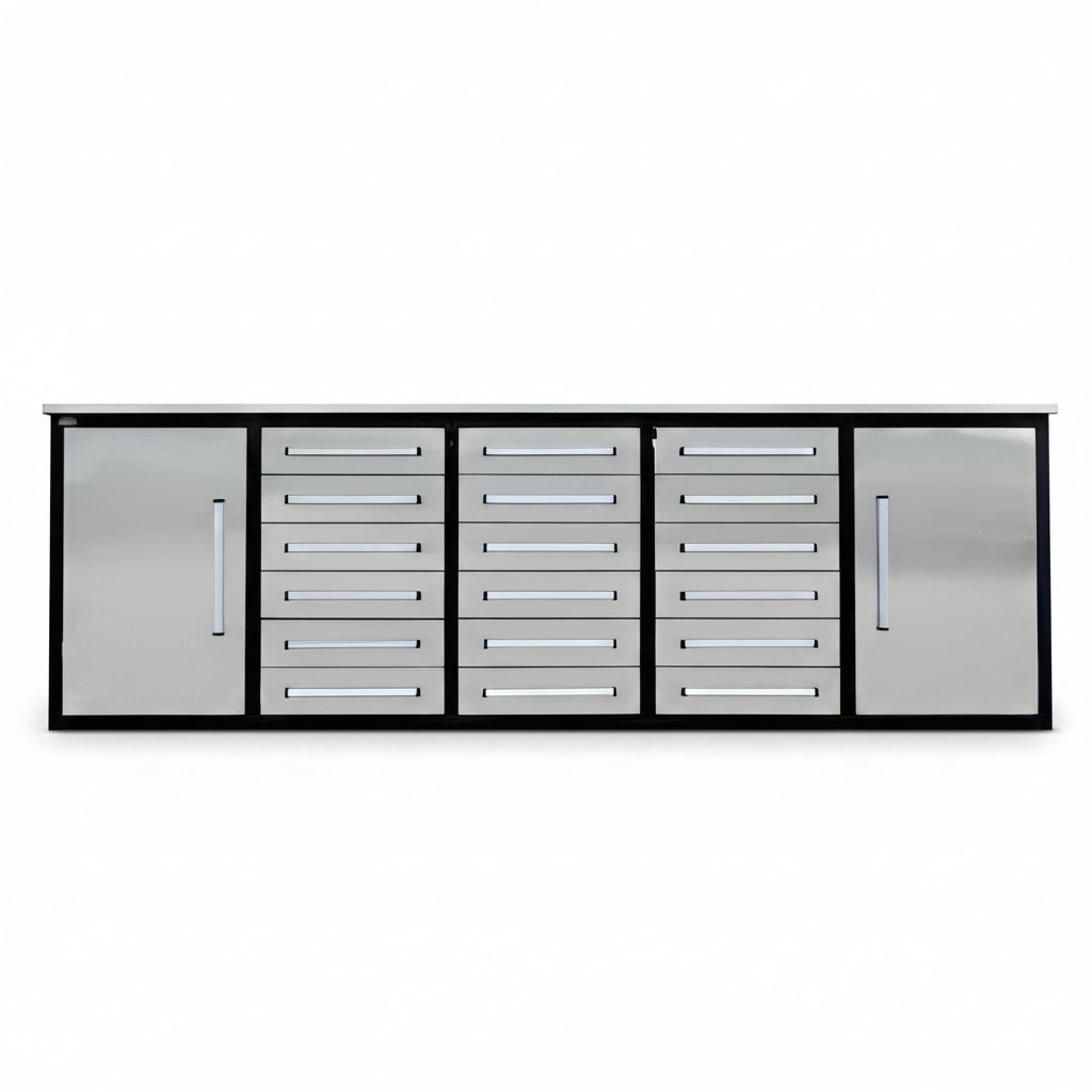 10 FT Heavy - Duty Steel Garage Tool Bench Work bench With 15/20/25/35 Drawers – Industrial Storage Table - with 18 Drawer + 2 Cabinet Drawer Stainless Steel | Sold by Uncle Wiener's Wholesale