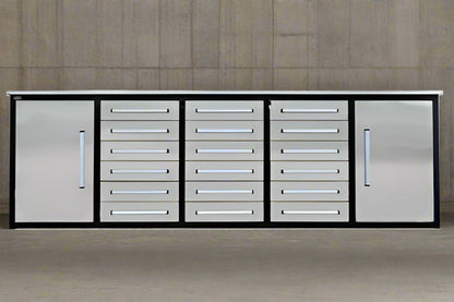 10 FT Heavy - Duty Steel Garage Tool Bench Work bench With 15/20/25/35 Drawers – Industrial Storage Table - with 18 Drawer + 2 Cabinet Drawer Stainless Steel | Sold by Uncle Wiener's Wholesale