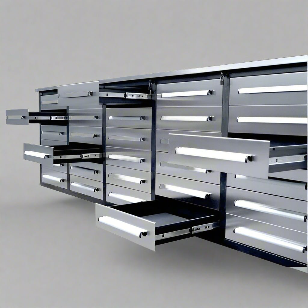 10 FT Heavy - Duty Steel Garage Tool Bench Work bench With 15/20/25/35 Drawers – Industrial Storage Table - with 3.5 ft Corner Connector Bench | Sold by Uncle Wiener's Wholesale