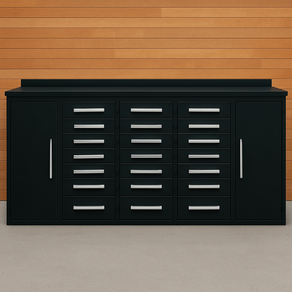 10 FT Heavy - Duty Steel Workbench – Garage Storage Table with 25 Drawers - with 25 Drawer Black | Sold by Uncle Wiener's Wholesale