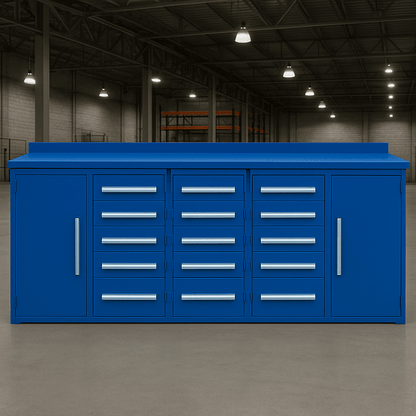 10 FT Heavy - Duty Steel Workbench – Garage Storage Table with 25 Drawers - with 15 Drawer Blue | Sold by Uncle Wiener's Wholesale