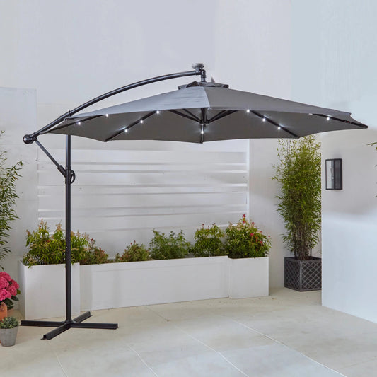 10 ft Offset Hanging Patio Umbrella with LED Lights – Gray Cantilever Outdoor Umbrella OU1083GL - with | Sold by Uncle Wiener's Wholesale