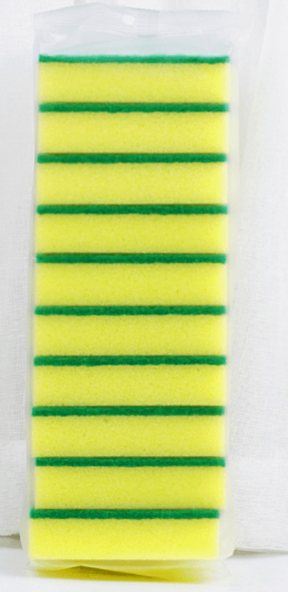 10-pack non-scratch kitchen sponges – yellow and green dual-layer design
Heavy-duty kitchen scrub sponges for dishes and cookware
Durable scouring pads safe for pots, pans, and nonstick surfaces