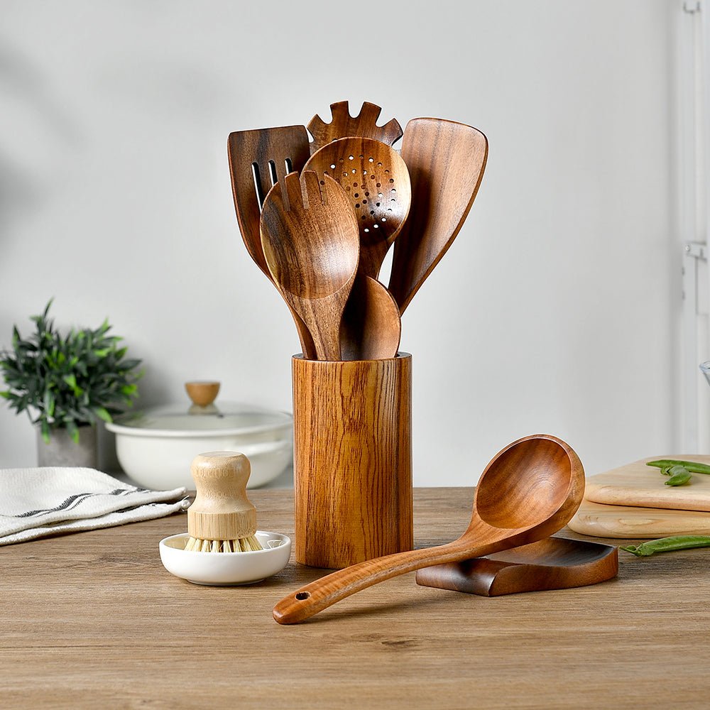 10 Piece Acacia Wood Kitchen Utensil Set Cooking Tools Non Stick Safe KA10P - with | Sold by Uncle Wiener's Wholesale