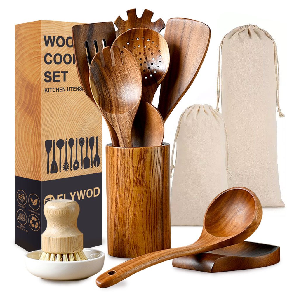 10 Piece Acacia Wood Kitchen Utensil Set Cooking Tools Non Stick Safe KA10P - with | Sold by Uncle Wiener's Wholesale