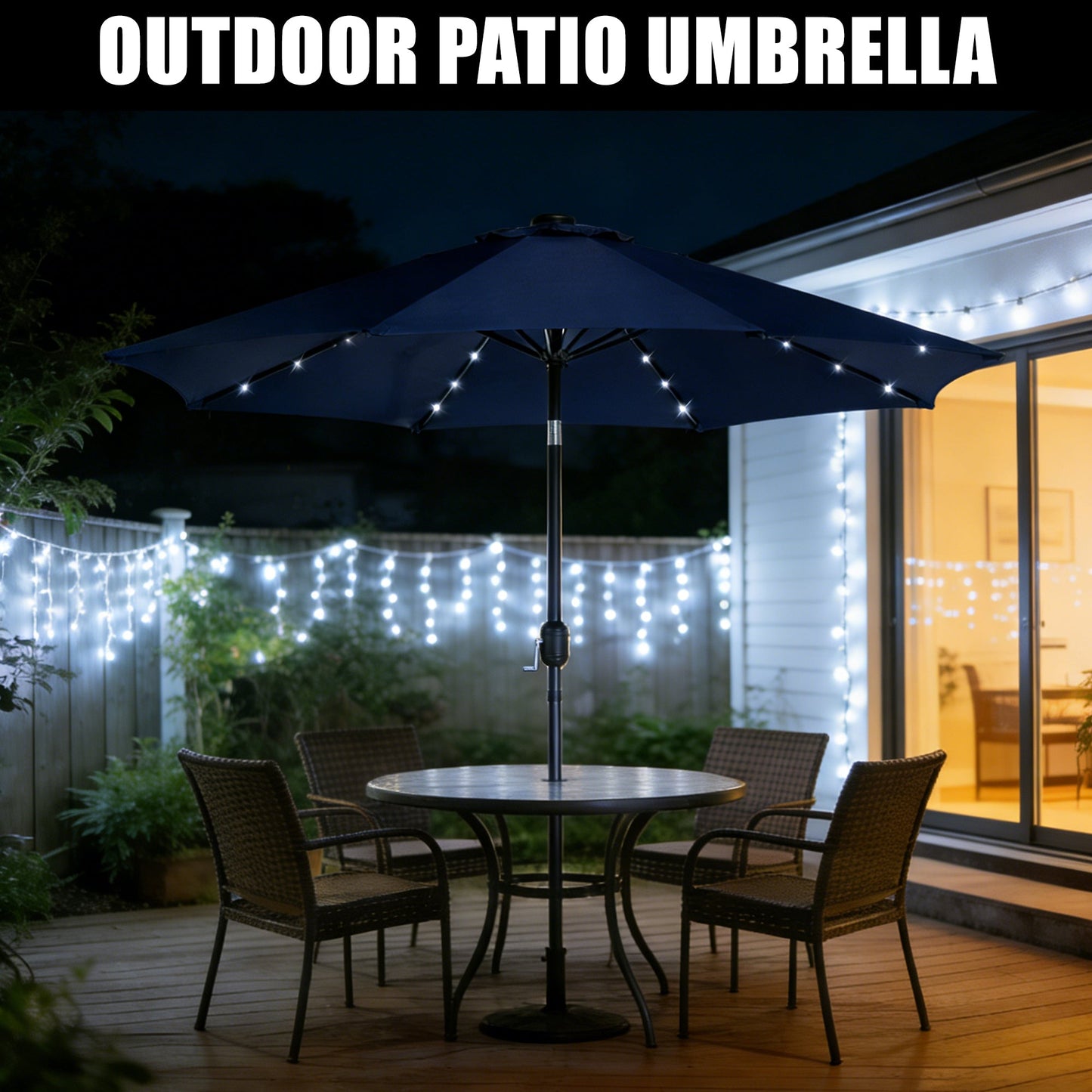 10′ Solar LED Market Patio Umbrella with Tilt & Crank 24 LED Lights - with Navy Blue | Sold by Uncle Wiener's Wholesale