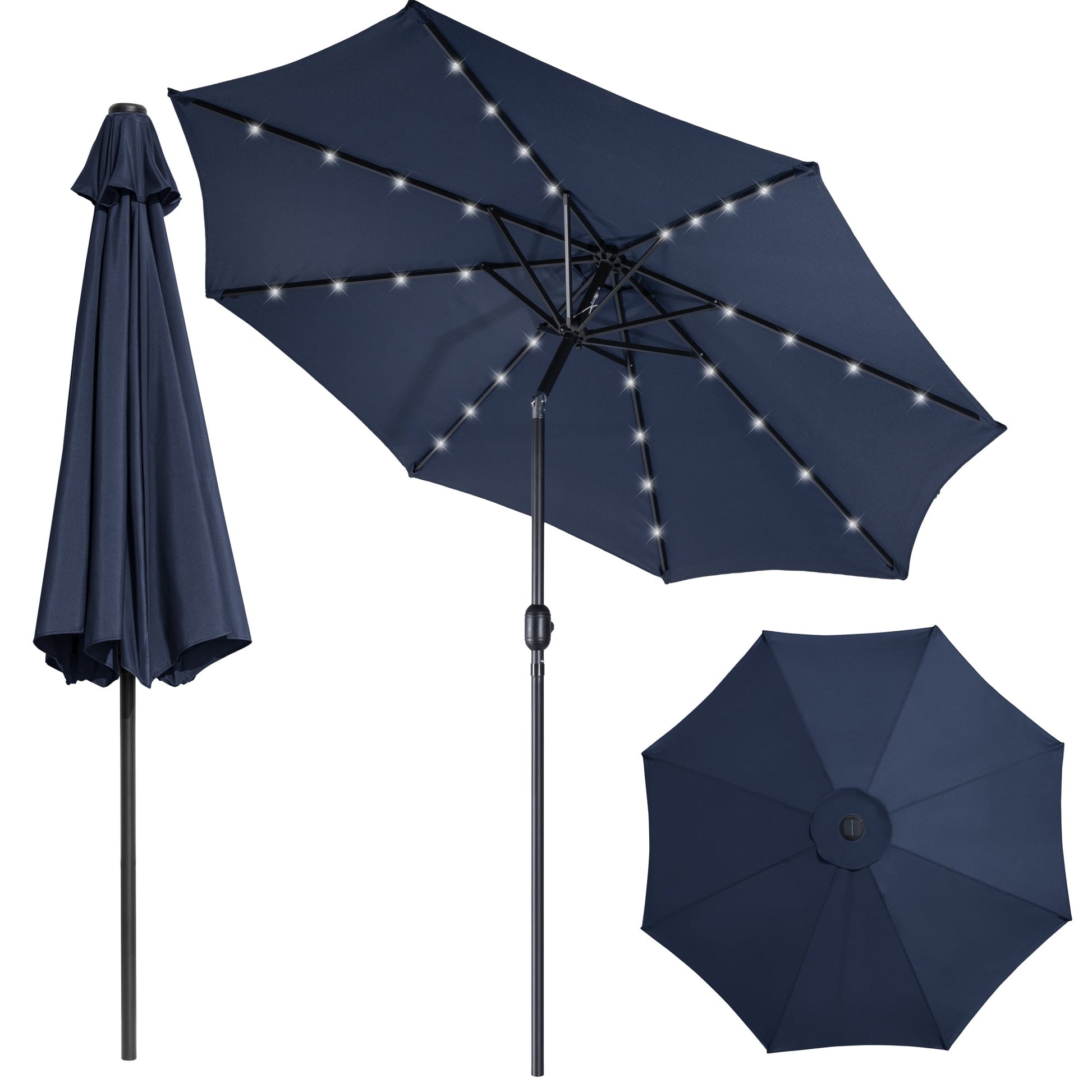 10′ Solar LED Market Patio Umbrella with Tilt & Crank 24 LED Lights - with Navy Blue | Sold by Uncle Wiener's Wholesale