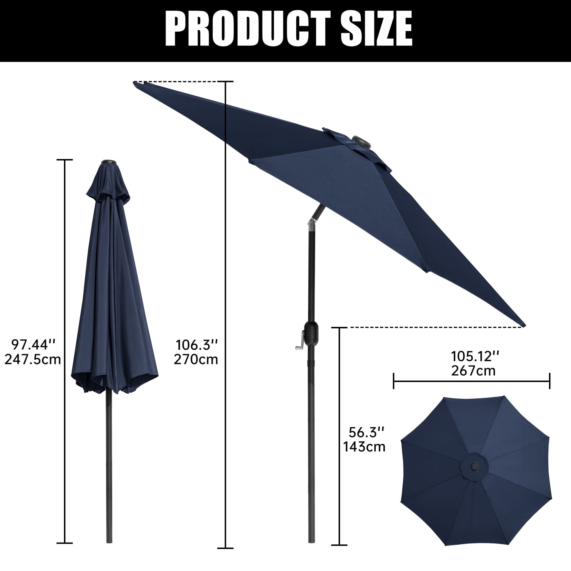 10′ Solar LED Market Patio Umbrella with Tilt & Crank 24 LED Lights - with Navy Blue | Sold by Uncle Wiener's Wholesale
