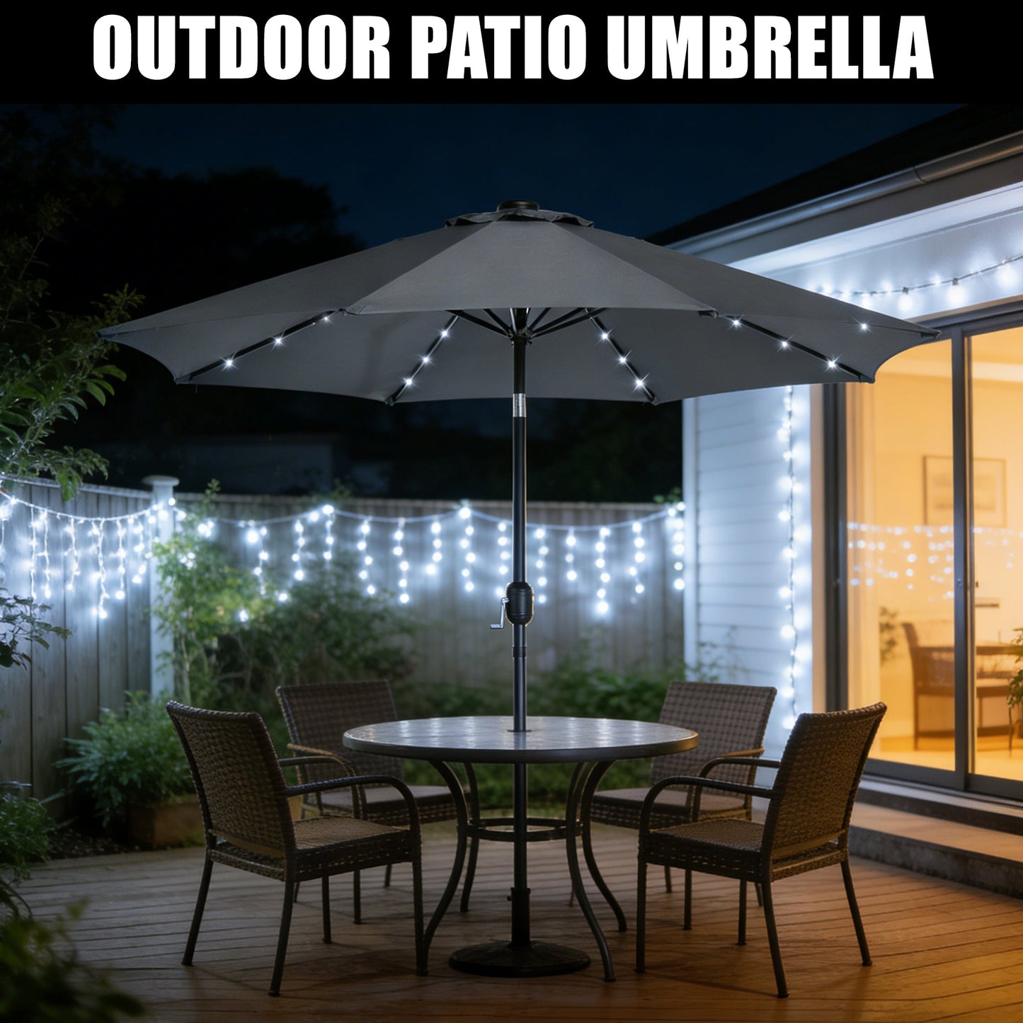 10′ Solar LED Market Patio Umbrella with Tilt & Crank 24 LED Lights - with Navy Blue | Sold by Uncle Wiener's Wholesale