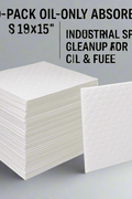 Stacked 100-pack oil-only absorbent pads, 18x15 size – front display view