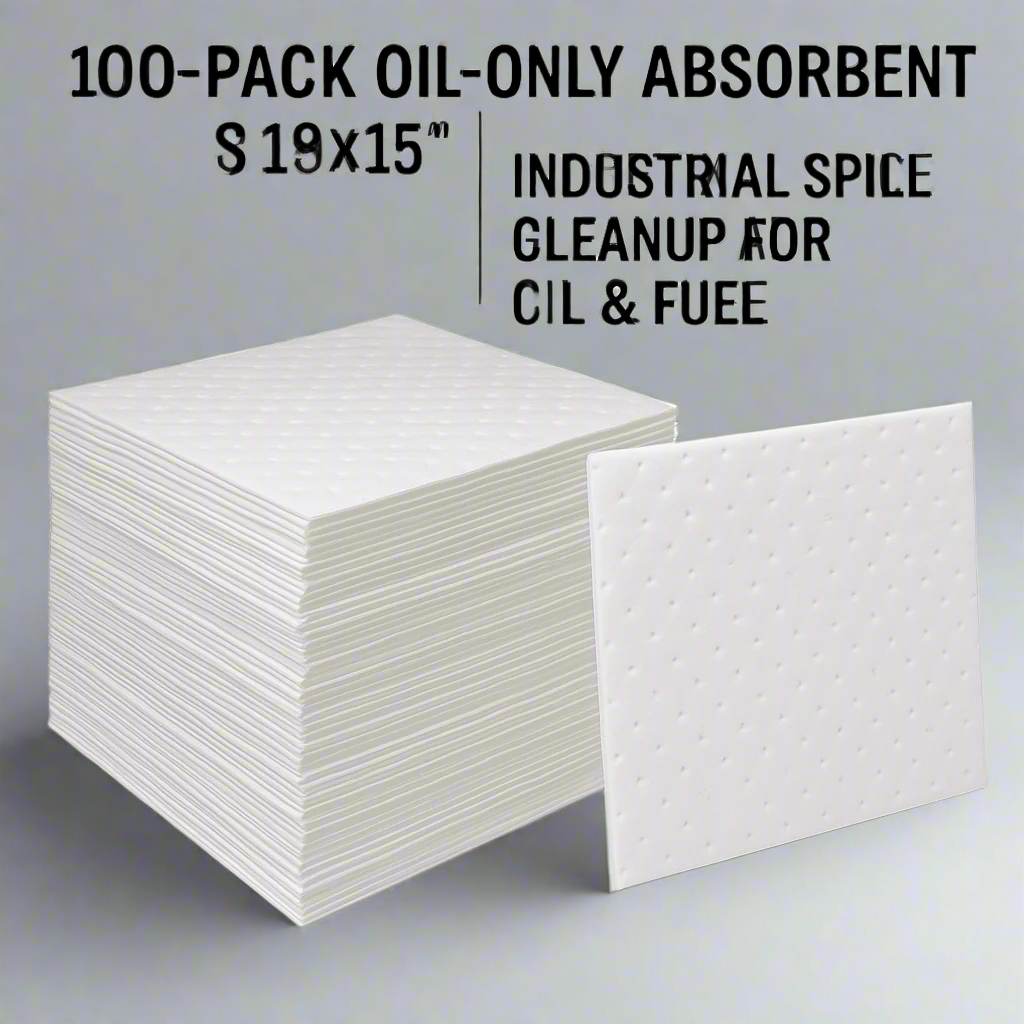 Stacked 100-pack oil-only absorbent pads, 18x15 size – front display view