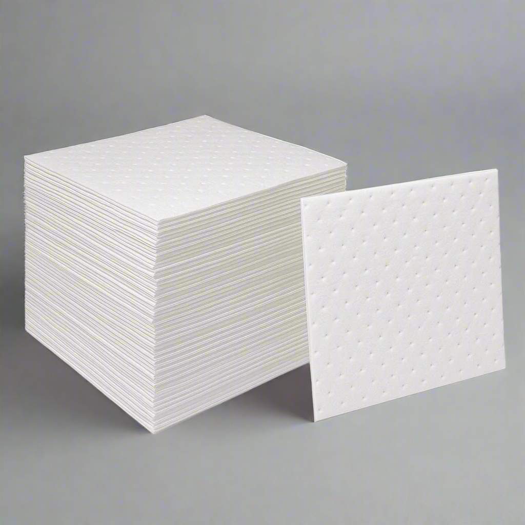 Compact stack of 100 oil absorbent pads – industrial fuel spill cleanup