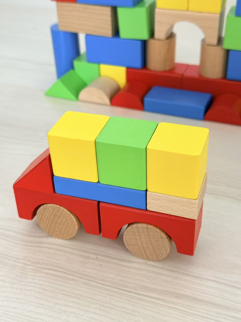 100-Piece Wooden Educational Building Blocks Set Kids Learning Toy Storage Bucket BLOCKS - with | Sold by Uncle Wiener's Wholesale