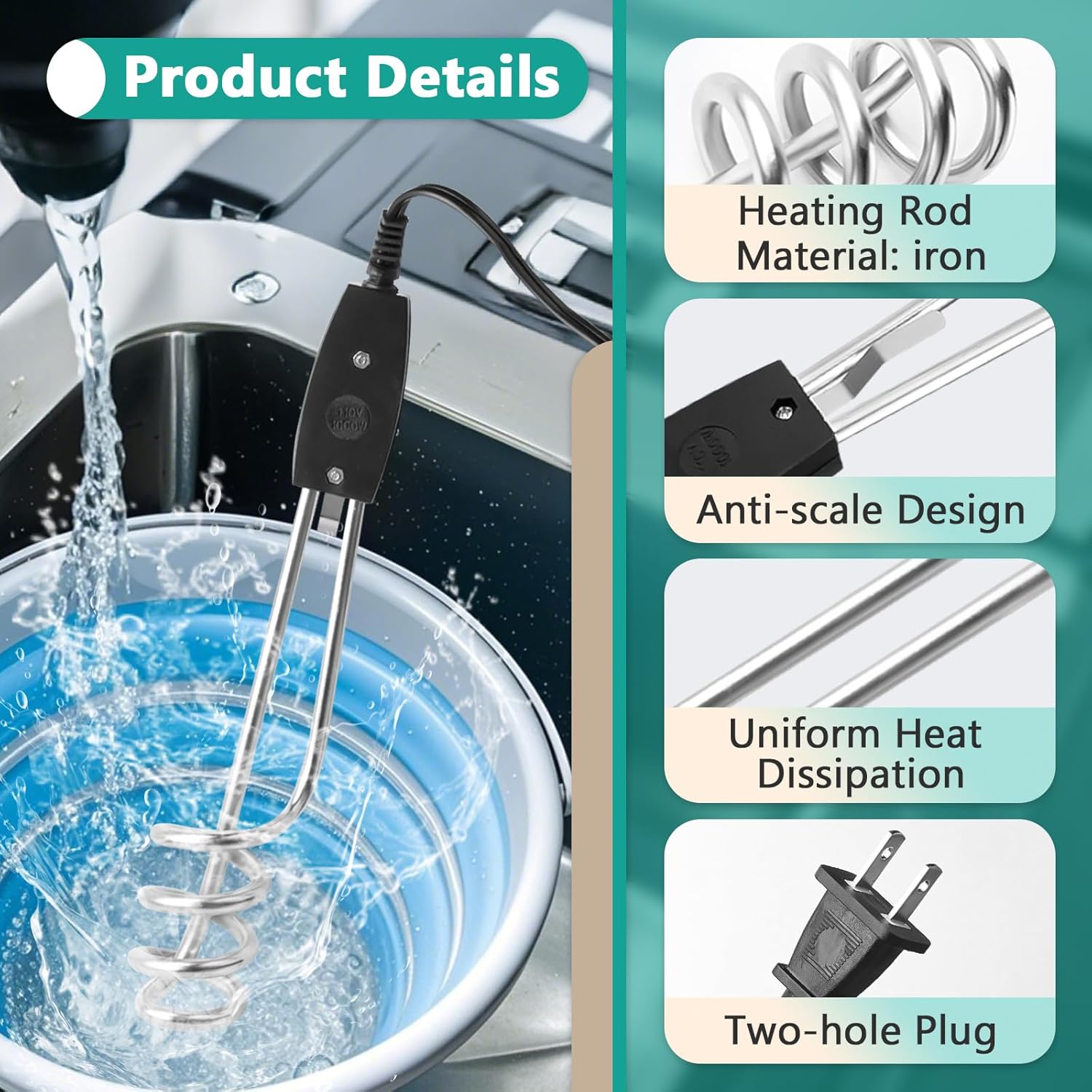 1000W 110V Immersion Water Heater 10 Inch Portable Electric Water Heater for Buckets and Containers WH1010S - with | Sold by Uncle Wiener's Wholesale