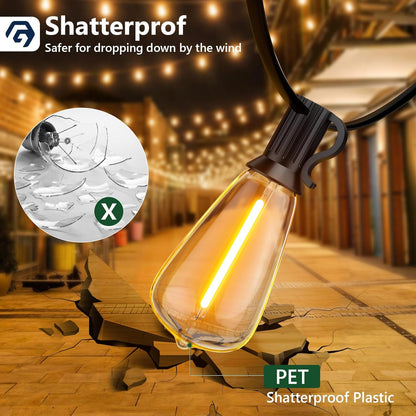 100FT Outdoor Edison String Lights – 62 ST38 Shatterproof LED Bulbs 2200K – JXED100 - with | Sold by Uncle Wiener's Wholesale