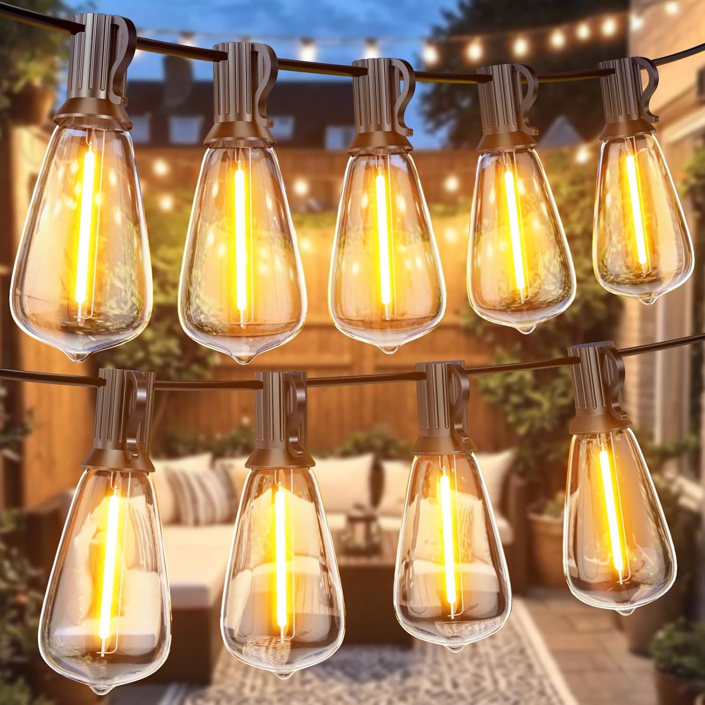 100FT Outdoor Edison String Lights – 62 ST38 Shatterproof LED Bulbs 2200K – JXED100 - with | Sold by Uncle Wiener's Wholesale