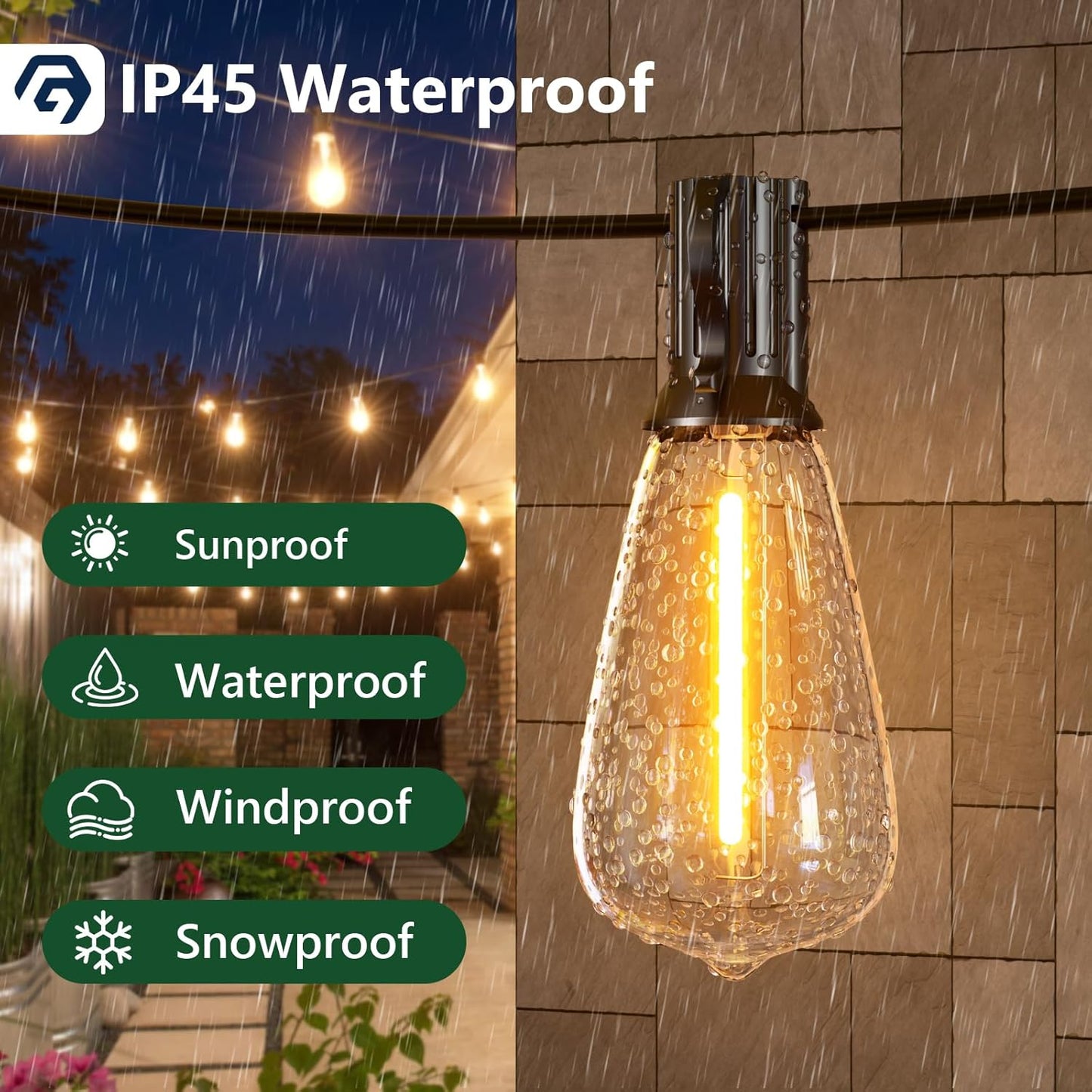 100FT Outdoor Edison String Lights – 62 ST38 Shatterproof LED Bulbs 2200K – JXED100 - with | Sold by Uncle Wiener's Wholesale