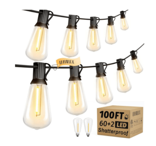 100FT Outdoor Edison String Lights – 62 ST38 Shatterproof LED Bulbs 2200K – JXED100 - with | Sold by Uncle Wiener's Wholesale