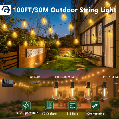 100FT Outdoor Edison String Lights – 62 ST38 Shatterproof LED Bulbs 2200K – JXED100 - with | Sold by Uncle Wiener's Wholesale