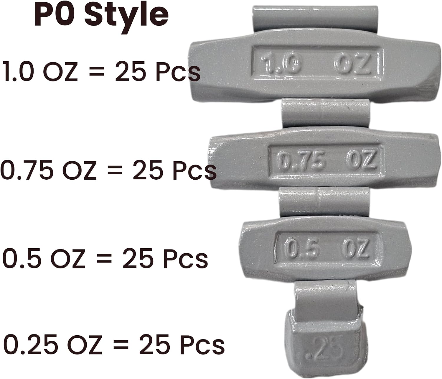 100pc Wheel Weights Set 0.25–1oz Clip-On Assorted Styles - with P Style – SKU FE60AP | Sold by Uncle Wiener's Wholesale