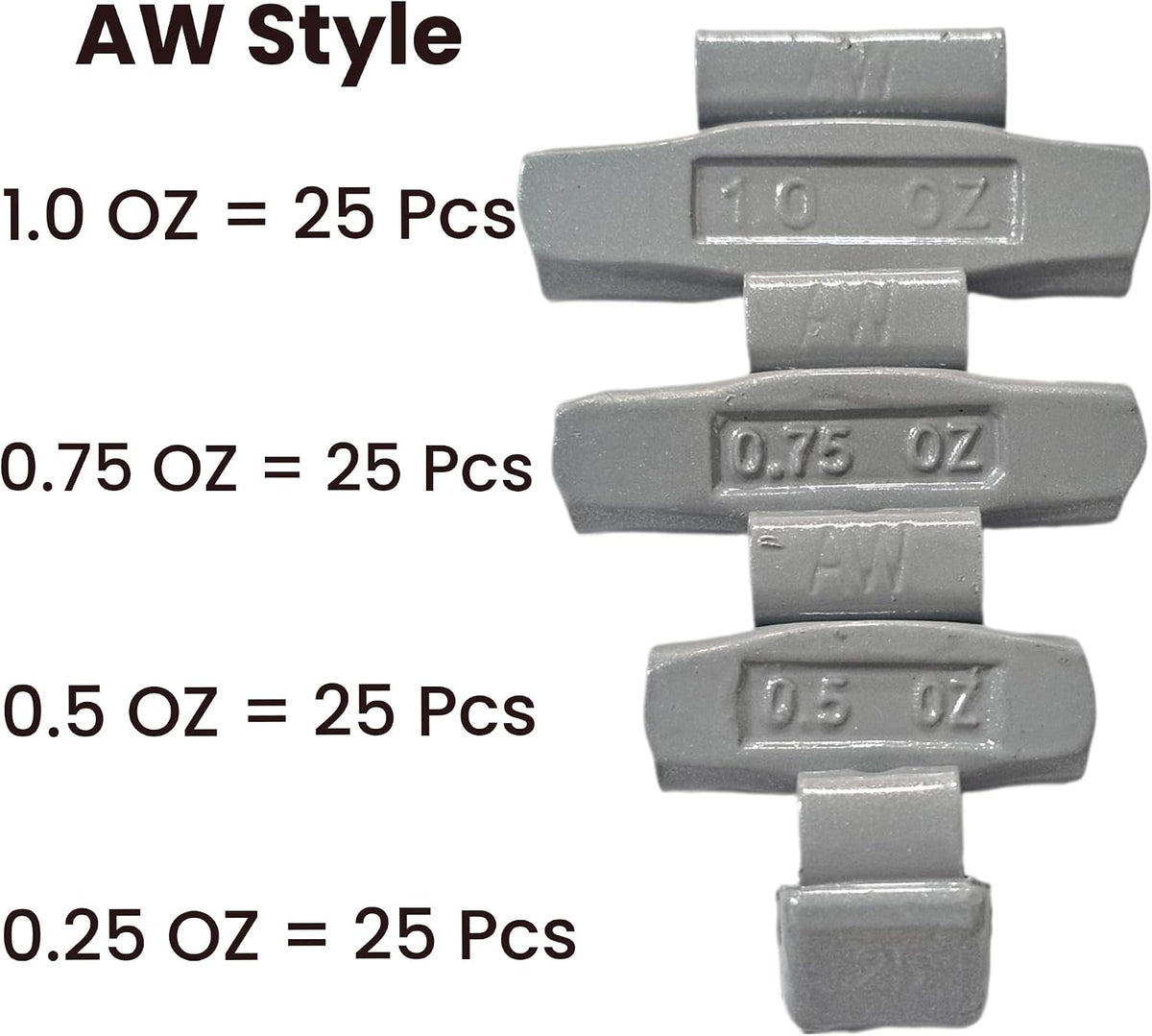 100pc Wheel Weights Set 0.25–1oz Clip-On Assorted Styles - with P Style – SKU FE60AP | Sold by Uncle Wiener's Wholesale