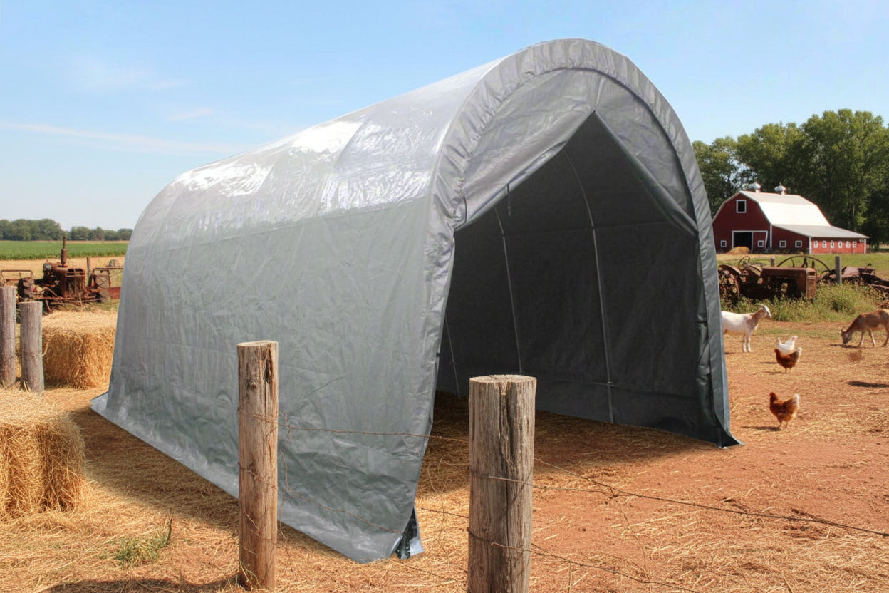 12x20x10 FT dome-top portable garage shelter with zippered door
Heavy-duty steel frame outdoor storage building for all weather
All-weather polyethylene garage cover with gray finish
Interior space of large portable vehicle shelter
Zippered door detail of portable dome garage shelter