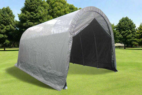 12x20x10 FT dome-top portable garage shelter with zippered door
Heavy-duty steel frame outdoor storage building for all weather
All-weather polyethylene garage cover with gray finish
Interior space of large portable vehicle shelter
Zippered door detail of portable dome garage shelter