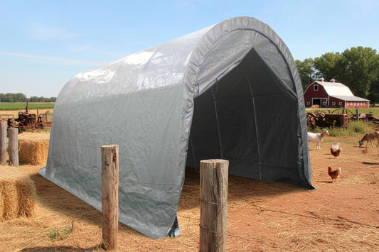 12x20x10 FT dome-top portable garage shelter with zippered door
Heavy-duty steel frame outdoor storage building for all weather
All-weather polyethylene garage cover with gray finish
Interior space of large portable vehicle shelter
Zippered door detail of portable dome garage shelter