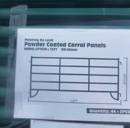 Corral panel fencing lined up in warehouse staging area

