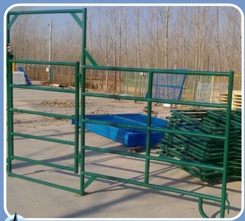 Vertical view of stacked farm fencing with gate panel visible

