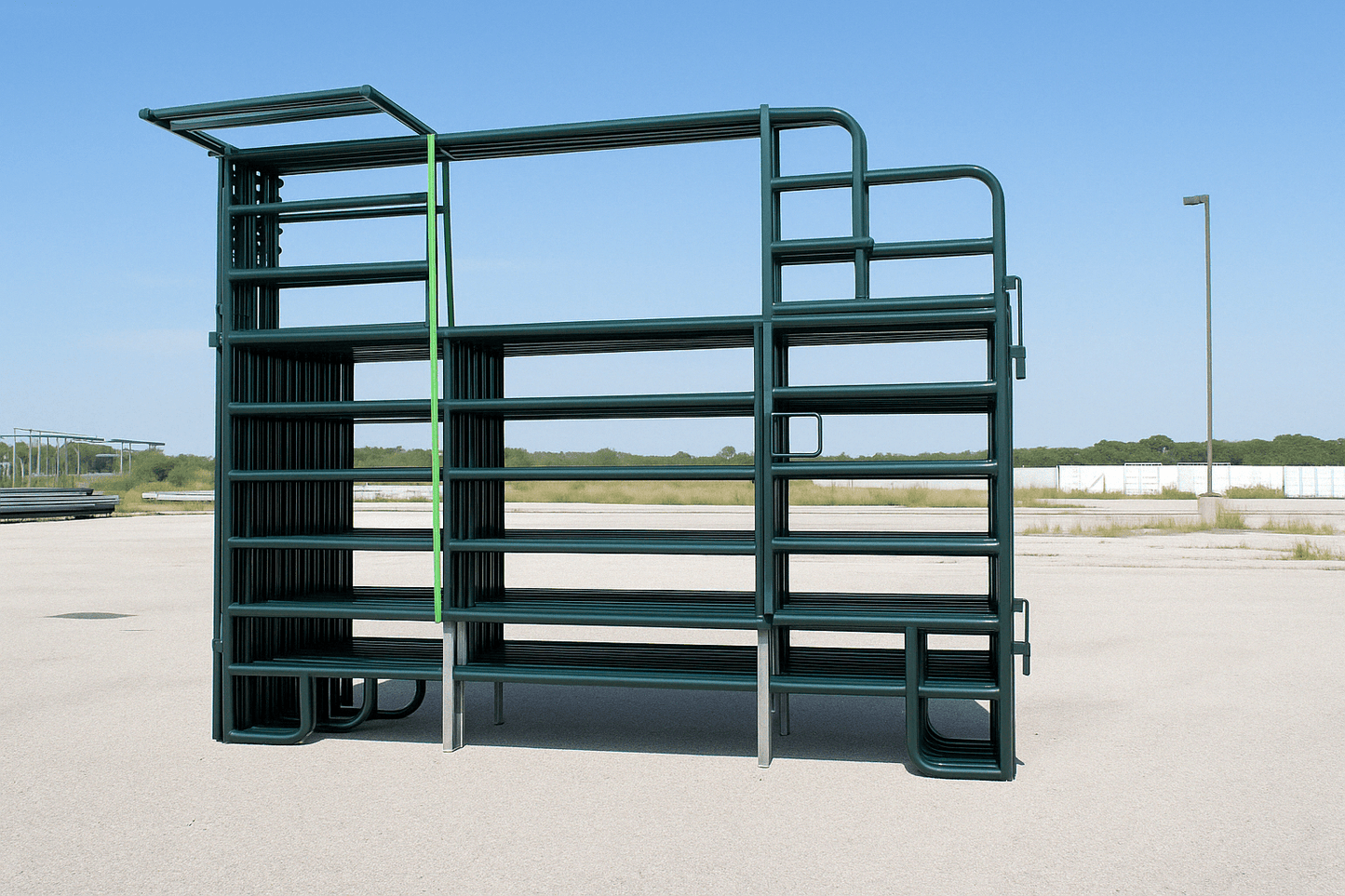 Stacked powder-coated steel livestock fence panels – field view

