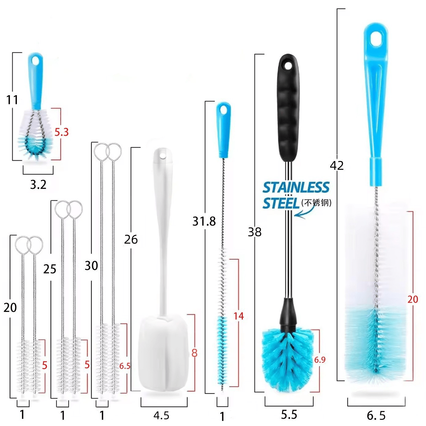 11-Piece Bottle, Straw & Spout Cleaning Brush Set for Water Bottles, Travel Cups, Beer Bottles & Sports Bottles T0994 - with | Sold by Uncle Wiener's Wholesale