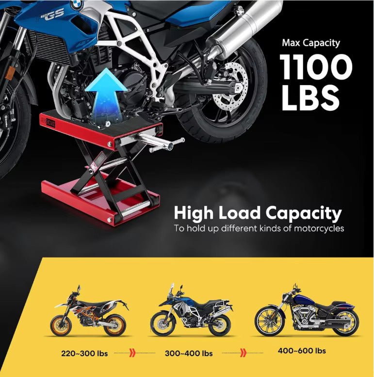 1100 LBS Motorcycle Lift ATV Scissor Jack – Wide Deck Crank Stand | Model 250522A - with | Sold by Uncle Wiener's Wholesale