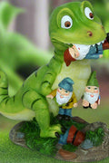 T-Rex dinosaur statue attacking garden gnomes
Funny outdoor gnome massacre sculpture
Resin garden gnome decoration with dinosaur
Humorous yard statue featuring T-Rex and gnomes
9-inch lawn ornament for garden or patio