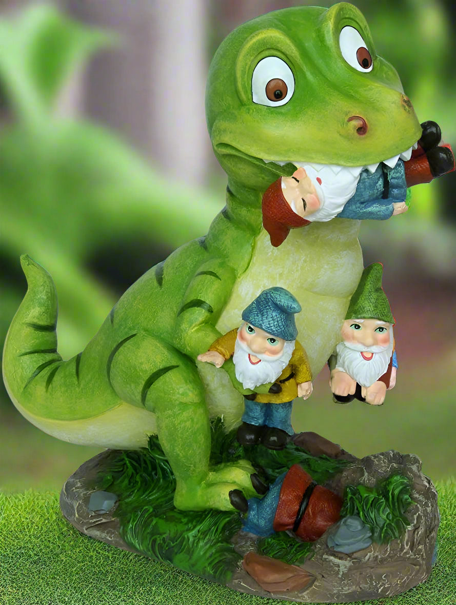 T-Rex dinosaur statue attacking garden gnomes
Funny outdoor gnome massacre sculpture
Resin garden gnome decoration with dinosaur
Humorous yard statue featuring T-Rex and gnomes
9-inch lawn ornament for garden or patio