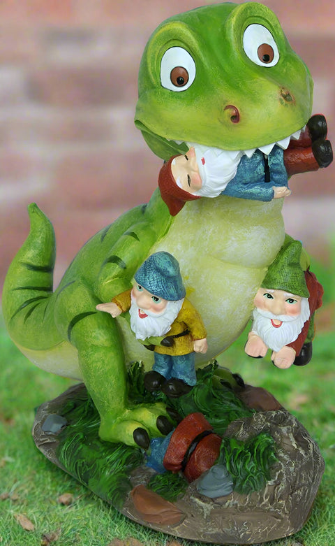 T-Rex dinosaur statue attacking garden gnomes
Funny outdoor gnome massacre sculpture
Resin garden gnome decoration with dinosaur
Humorous yard statue featuring T-Rex and gnomes
9-inch lawn ornament for garden or patio