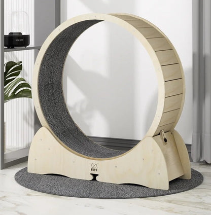 Large wooden cat exercise wheel with a carpeted running surface
Cat running on treadmill wheel in modern home
Side view of XL cat treadmill showing safe base design
Close-up of smooth solid wood wheel and track
Happy cat playing inside wooden running wheel