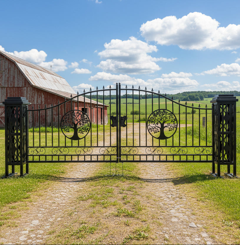 20 FT Heavy-Duty Steel Driveway Gate with Tree of Life Artwork – Black Dual Swing Farm Gate Kit SU20TL