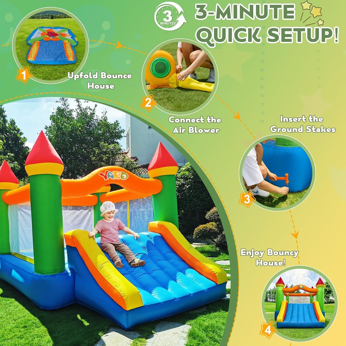 12 ft x 9 ft Rainbow Inflatable Bounce House with Slide, 380W Blower, Safety Net, Stakes &amp; Carry Bag 6208 - with | Sold by Uncle Wiener's Wholesale