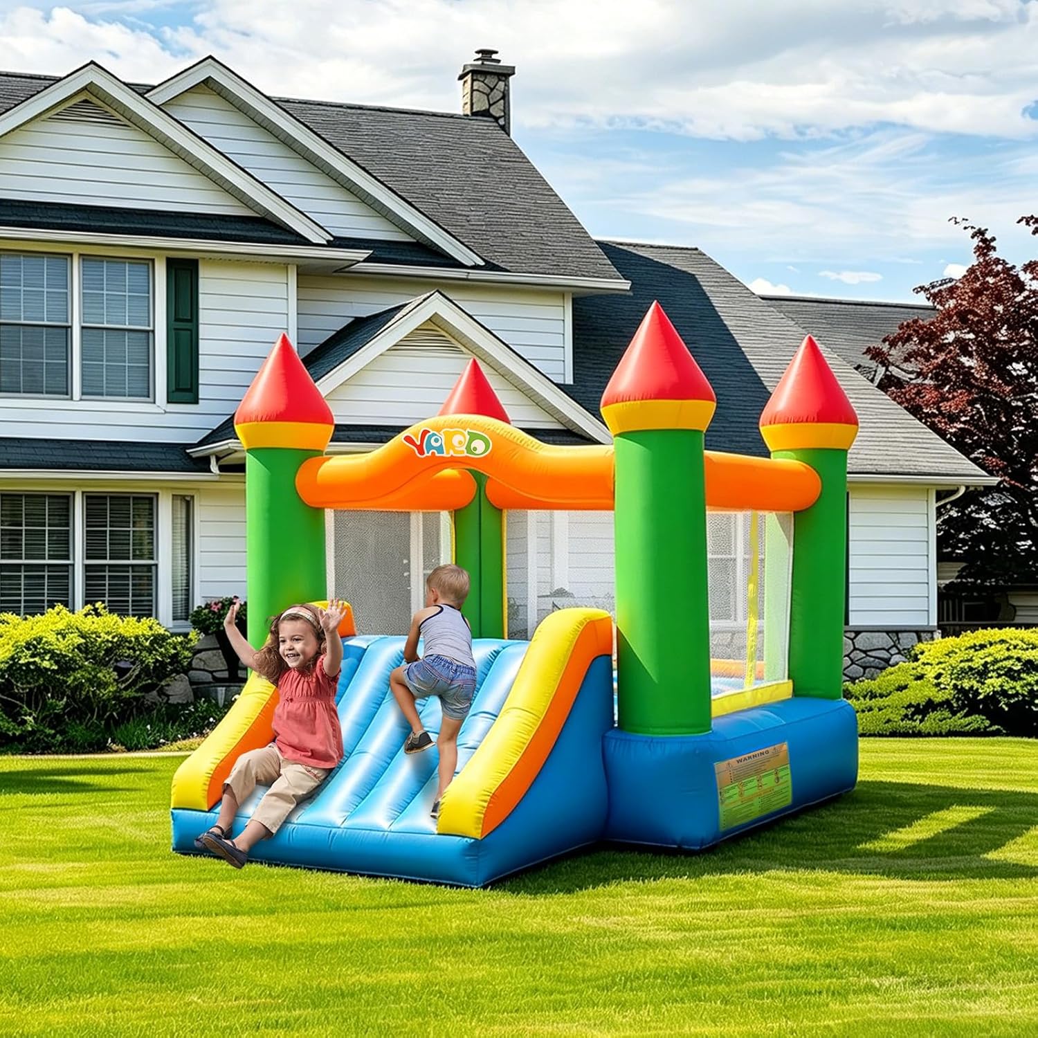 12 ft x 9 ft Rainbow Inflatable Bounce House with Slide, 380W Blower, Safety Net, Stakes &amp; Carry Bag 6208 - with | Sold by Uncle Wiener's Wholesale