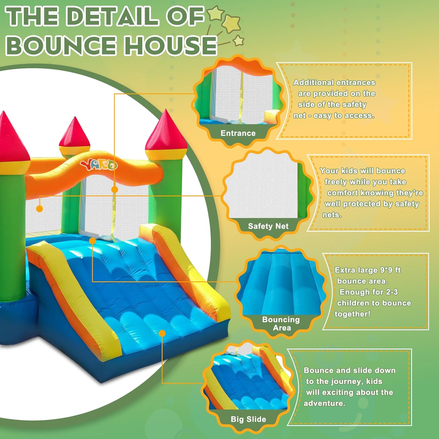 12 ft x 9 ft Rainbow Inflatable Bounce House with Slide, 380W Blower, Safety Net, Stakes &amp; Carry Bag 6208 - with | Sold by Uncle Wiener's Wholesale