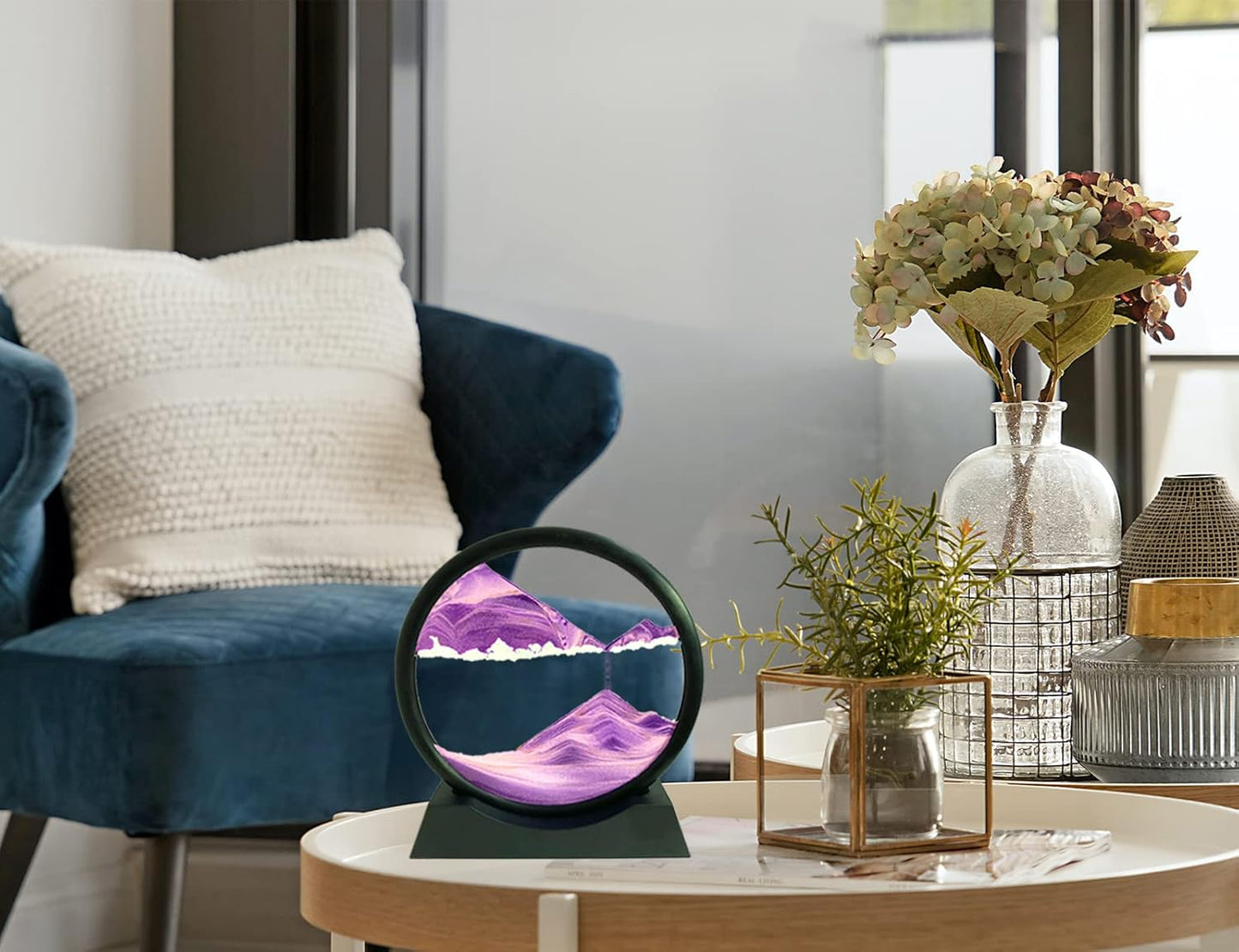 12" Moving Sand Art Picture, Liquid Motion 3D Deep Sea Sandscape with Round Glass Frame Desktop Decor - with Blue Liquid Motion Sand Art | Sold by Uncle Wiener's Wholesale