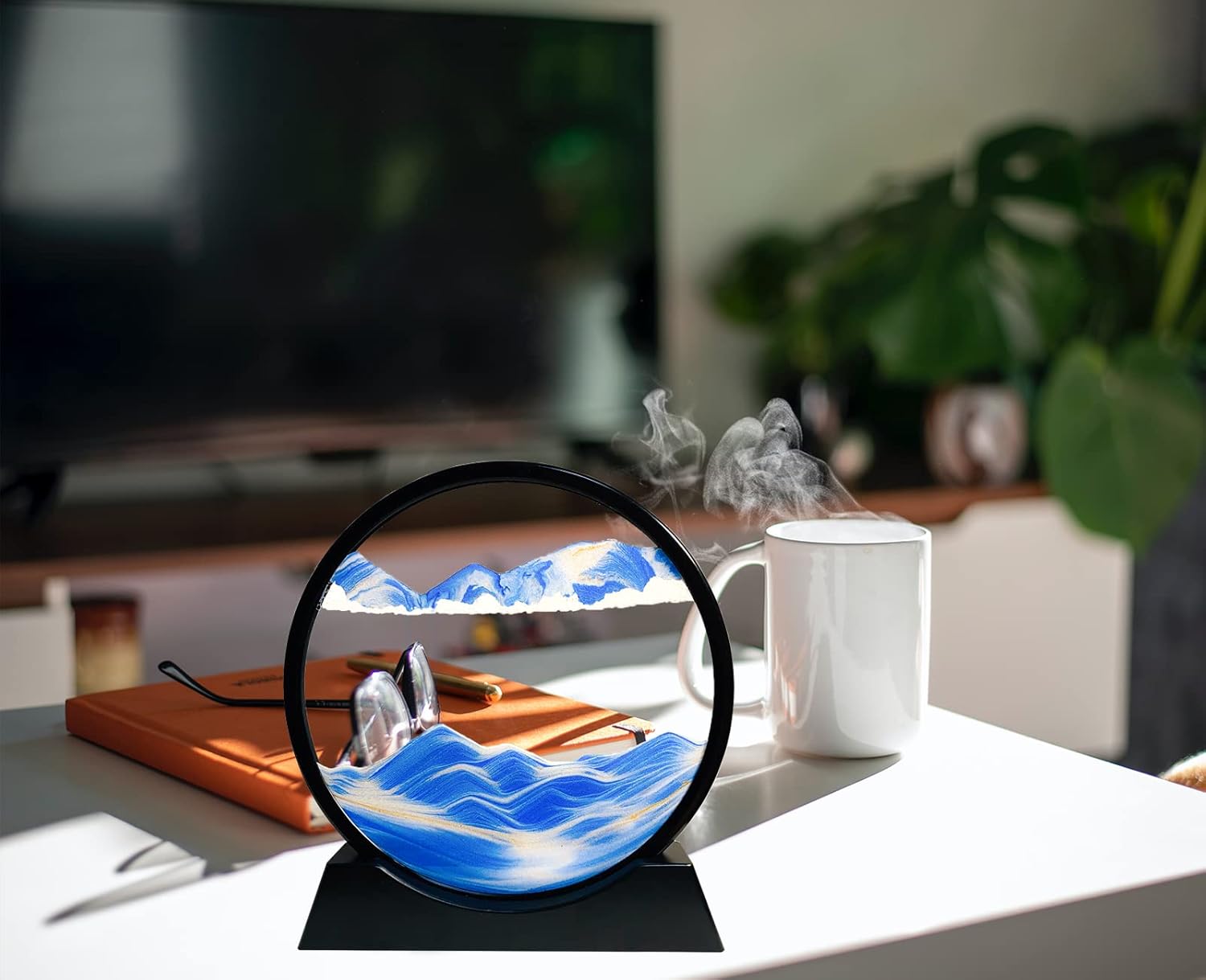 12" Moving Sand Art Picture, Liquid Motion 3D Deep Sea Sandscape with Round Glass Frame Desktop Decor - with Blue Liquid Motion Sand Art | Sold by Uncle Wiener's Wholesale