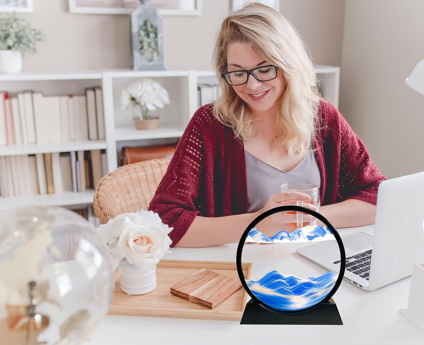 12" Moving Sand Art Picture, Liquid Motion 3D Deep Sea Sandscape with Round Glass Frame Desktop Decor - with Blue Liquid Motion Sand Art | Sold by Uncle Wiener's Wholesale