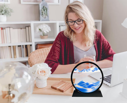 12" Moving Sand Art Picture, Liquid Motion 3D Deep Sea Sandscape with Round Glass Frame Desktop Decor - with Blue Liquid Motion Sand Art | Sold by Uncle Wiener's Wholesale