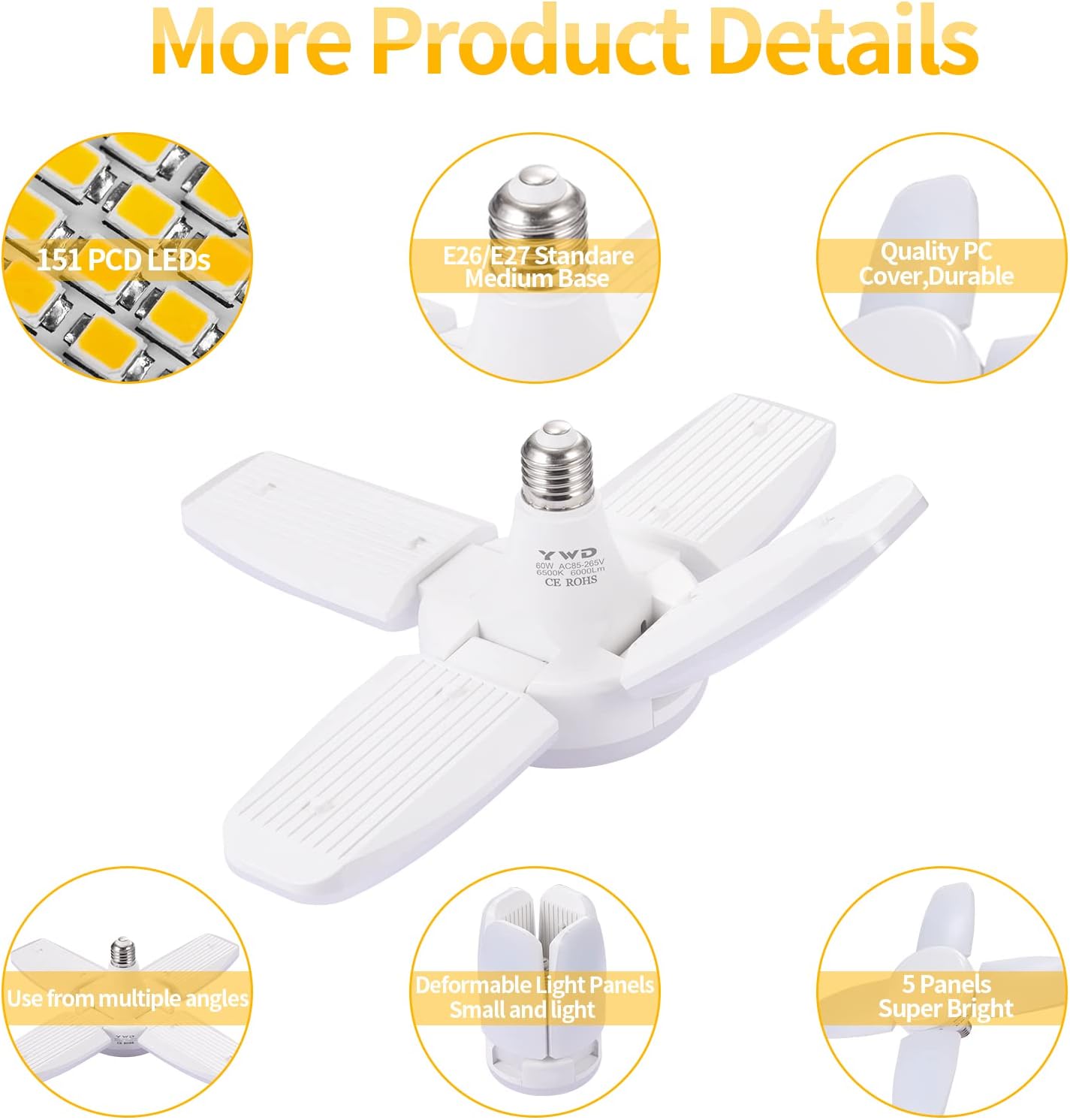 Ceiling-mounted LED light showing bright 6500 lumen illumination pattern