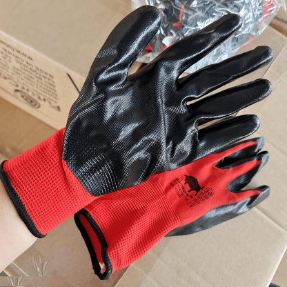 12 Pairs Red Work Gloves with Black Nitrile Palm Coating - with Medium | Sold by Uncle Wiener's Wholesale