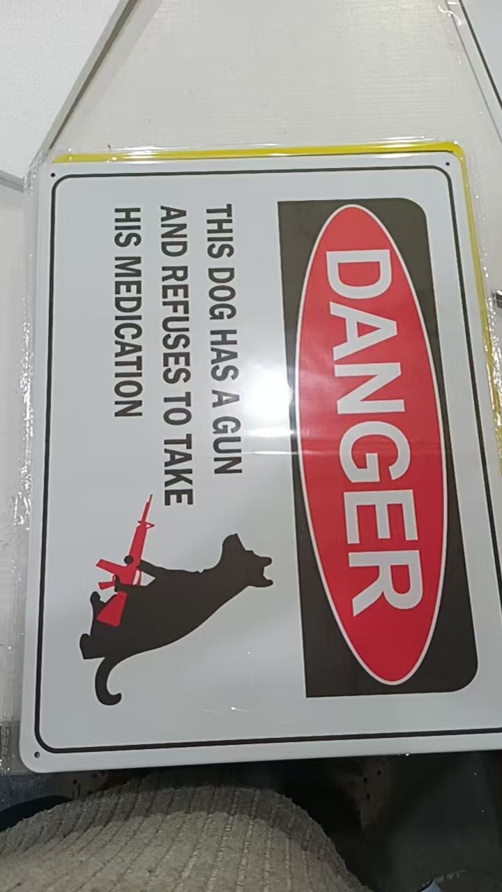 12" x 16" Metal Warning & Novelty Signs Outdoor Tin Wall Signs 91610SET - with Danger Dog With Gun | Sold by Uncle Wiener's Wholesale